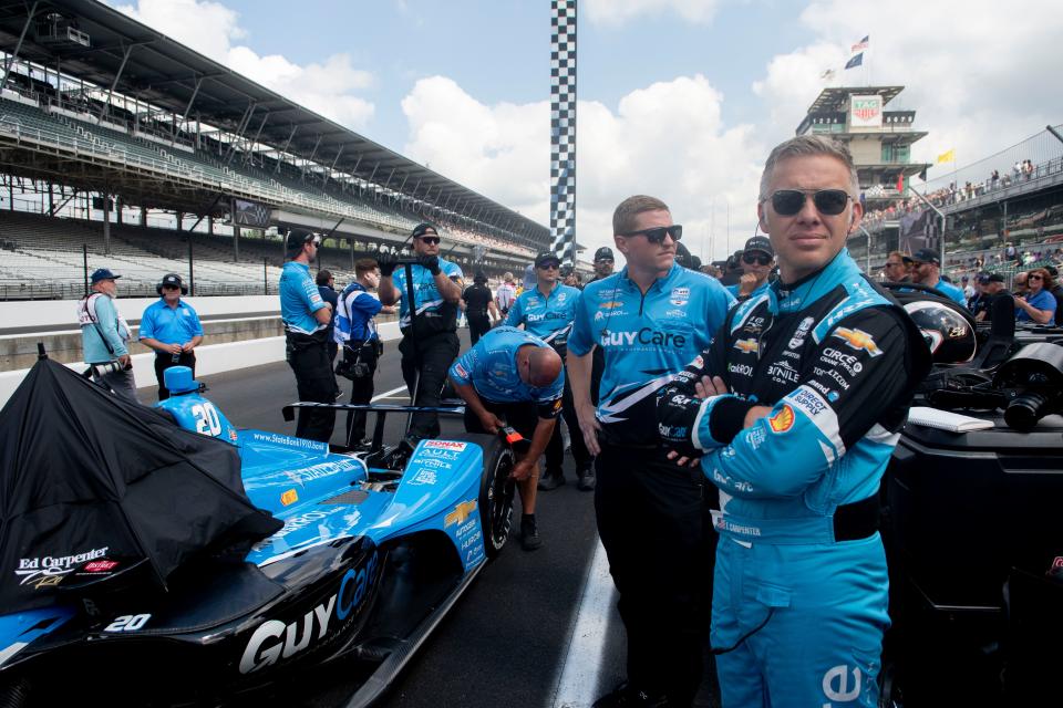 Ed Carpenter Racing driver Ed Carpenter (20) looks out on the track Saturday, May 18, 2024, during qualifying for the 108th running of the Indianapolis 500 at Indianapolis Motor Speedway.