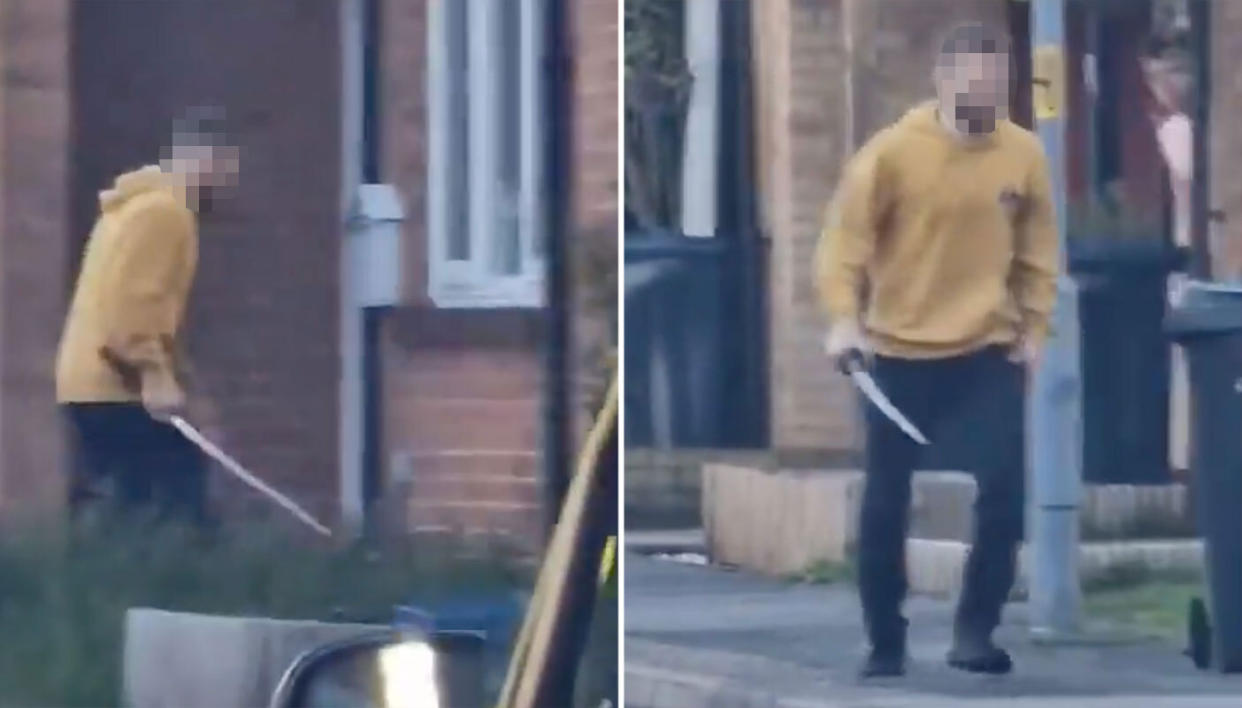 Footage showed a man in a yellow hoodie armed with a sword in Hainault, north east London. (@ell_pht/X)