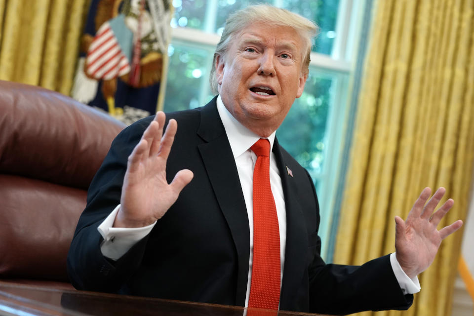 WASHINGTON, DC - SEPTEMBER 04: U.S. President Donald Trump talks to reporters following a briefing from officials about Hurricane Dorian in the Oval Office at the White House September 04, 2019 in Washington, DC. Trump was briefed by acting Homeland Security Secretary Kevin McAleenan, U.S. Coast Guard Admiral Karl Schultz and Deputy Assistant to the President and Homeland Security and Counterterrorism Advisor Peter Brown. (Photo by Chip Somodevilla/Getty Images)