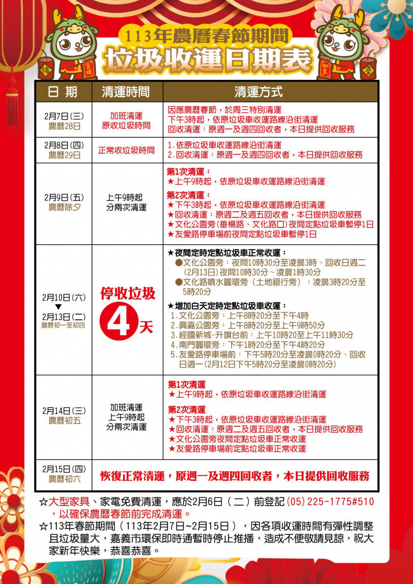 嘉義市春節垃圾收運日程／嘉義市府提供