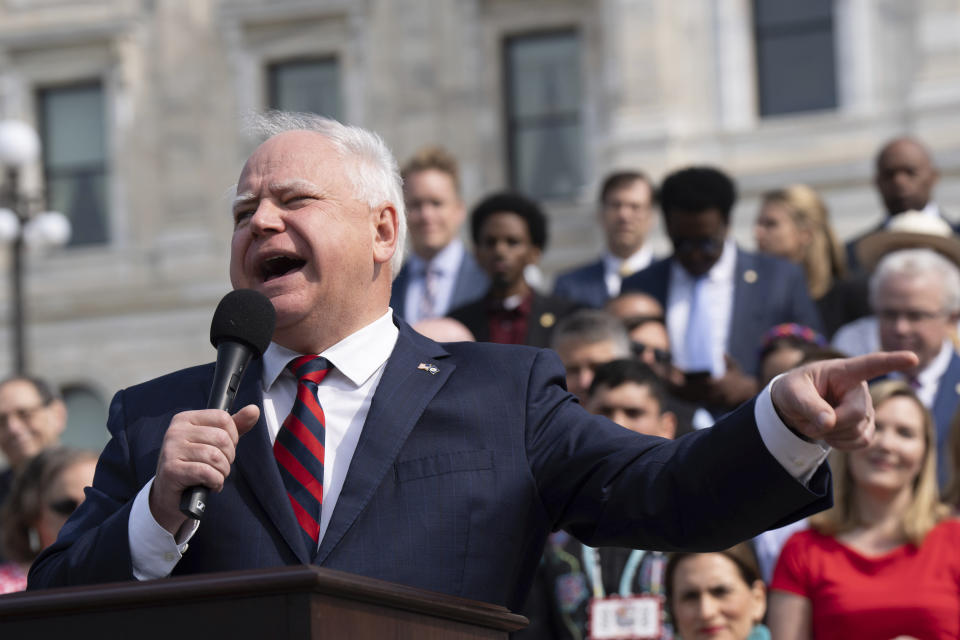 Gov. Tim Walz spoke before the ceremonial bil signing Wednesday, May 24, 2023 St. Paul, Minn. (Glen Stubbe /Star Tribune via AP)