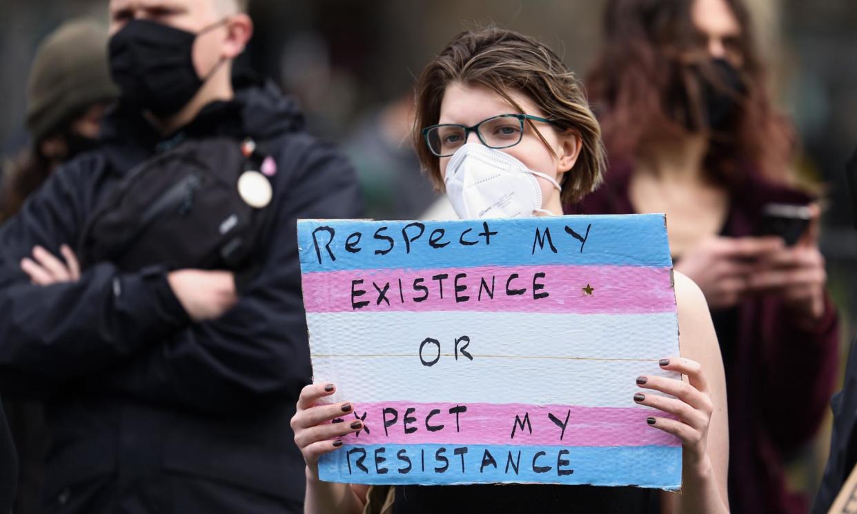 <span>A transgender rights protester in Edinburgh earlier this month.</span><span>Photograph: Jeff J Mitchell/Getty Images</span>