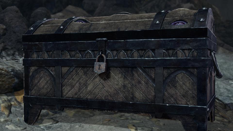 A row of eyes open on a suspicious treasure chest