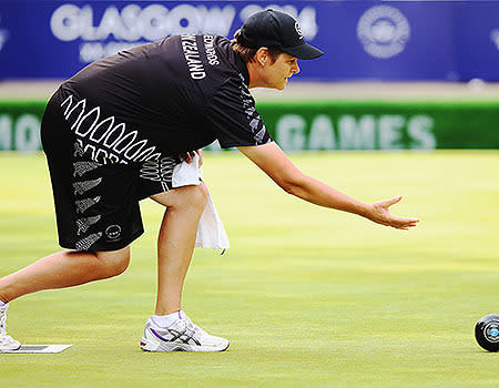 Jo Edwards of New Zealand competes in the Women's Singles round 5 match against Norfolk Island.