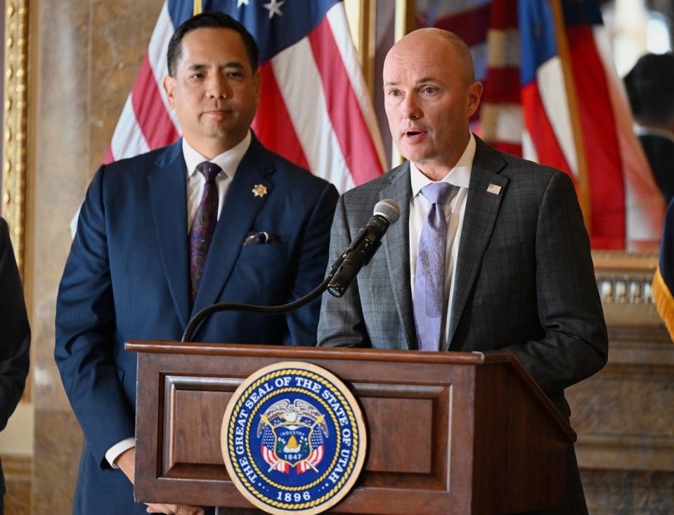 Gov. Spencer Cox holds a press conference with Utah Attorney General Sean Reyes to discuss a lawsuit filed against TikTok, at the Capitol in Salt Lake City on Tuesday.
