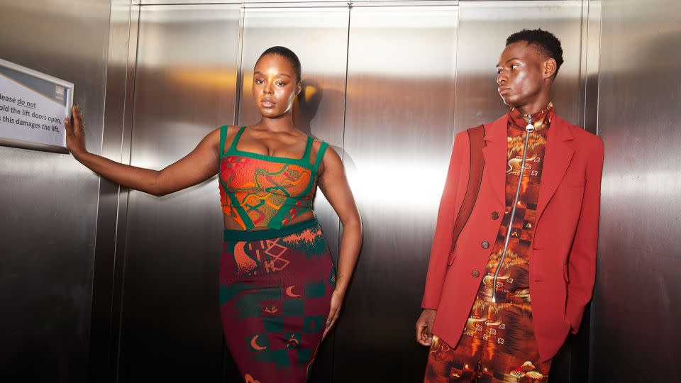 Bright, printed designs in Ahluwalia's collection reference the body painting technique specific to the Igbo people in Nigeria. - Matthew Aland