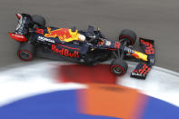 Red Bull driver Max Verstappen of the Netherlands steers his car during the qualification for the upcoming Russian Formula One Grand Prix, at the Sochi Autodrom circuit, in Sochi, Russia, Saturday, Sept. 26, 2020. The Russian Formula One Grand Prix will take place on Sunday. (Bryn Lennon/Pool Photo via AP)