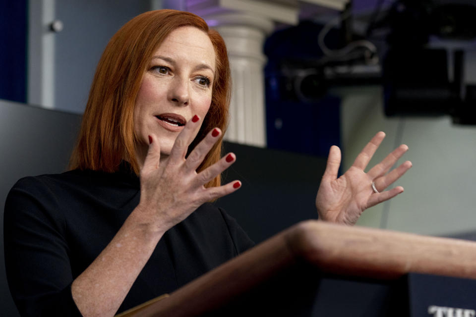 White House press secretary Jen Psaki speaks during a press briefing at the White House, Monday, March 1, 2021, in Washington. (AP Photo/Andrew Harnik)