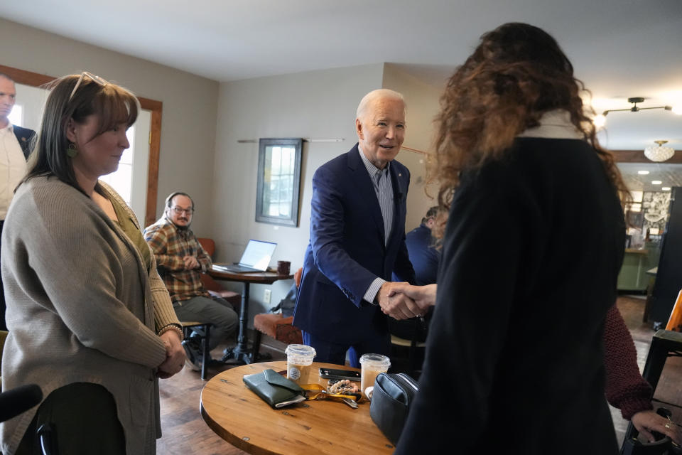 President Joe Biden greets patrons at Zummo's Cafe, Wednesday morning, April 17, 2024, in Scranton, Pa. (AP Photo/Alex Brandon)