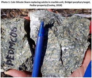 Calc-Silicate Skarn replacing calcite in marble unit, Bridget porphyry target, Pedlar property (Cooley, 2018)