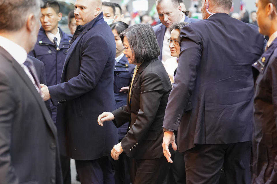 Taiwan's President Tsai Ing-wen arrives at a hotel in New York, Wednesday, March 29, 2023. (AP Photo/Seth Wenig)