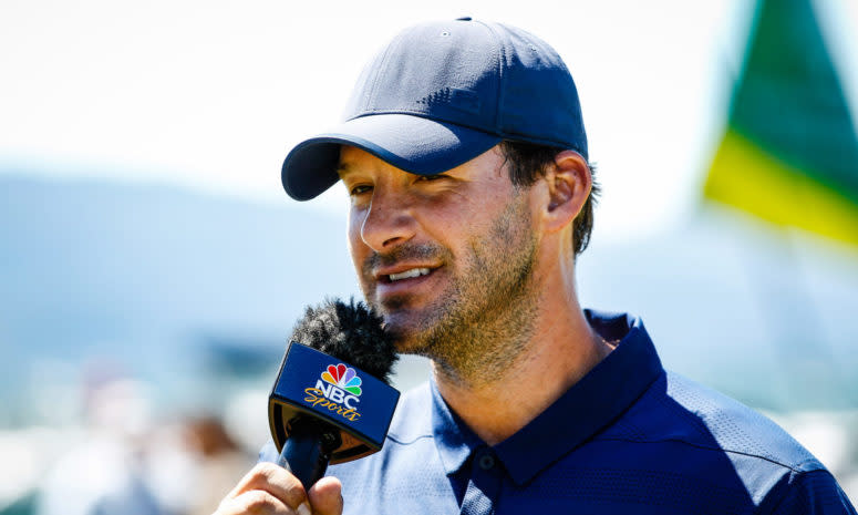 Tony Romo gets interviewed by NBC Sports after a golf tournament.