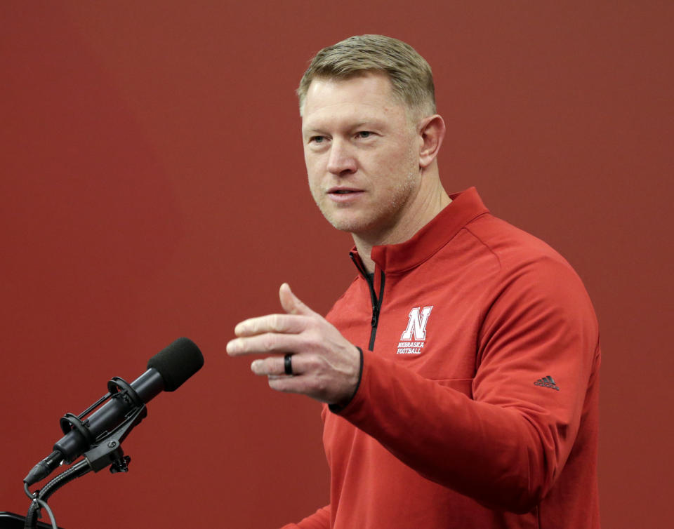 Nebraska coach Scott Frost speaks to journalists during an NCAA college football signing day news conference in Lincoln, Neb., Wednesday, Feb. 7, 2018. (AP Photo/Nati Harnik)