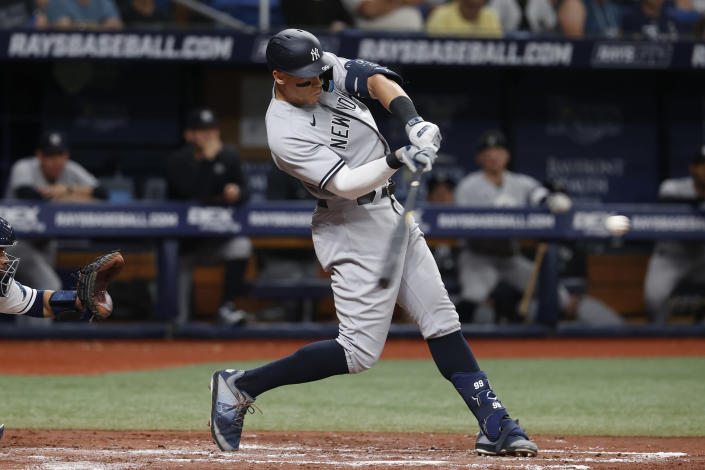 New York Yankees' Aaron Judge hits a home run against the Tampa Bay Rays during the fourth inning of a baseball game Wednesday, June 22, 2022, in St. Petersburg, Fla. (AP Photo/Scott Audette)