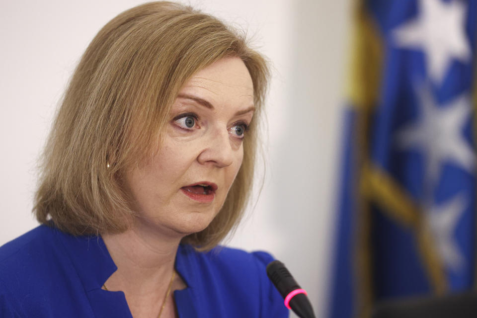 Elizabeth Truss, Britain's Secretary of State for Foreign, Commonwealth and Development Affairs, speaks during a press conference with Bosnian Foreign Minister Bisera Turkovicin Sarajevo, Bosnia, Thursday, May 26, 2022. (AP Photo/Armin Durgut)