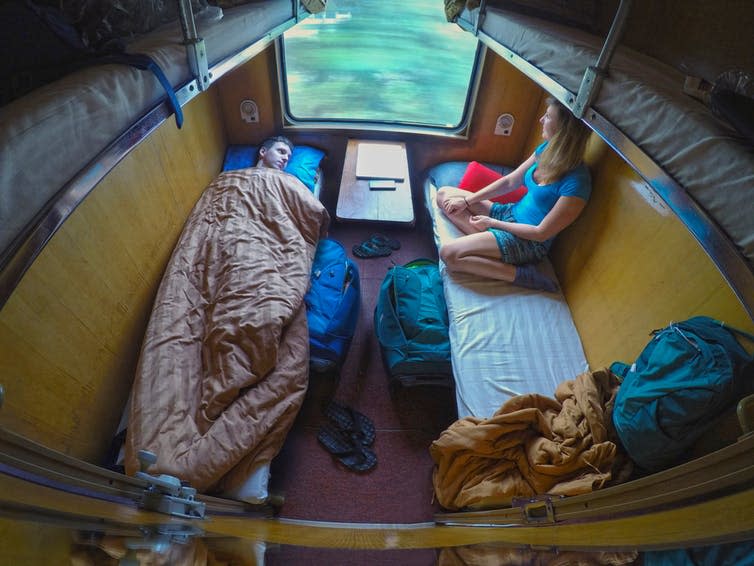 <span class="caption">Sleeper trains might appeal to backpackers, but can they offer an alternative to frequent flying businesspeople?</span> <span class="attribution"><a class="link " href="https://www.shutterstock.com/image-photo/male-female-backpackers-resting-while-travelling-1238782927" rel="nofollow noopener" target="_blank" data-ylk="slk:Flystock/Shutterstock;elm:context_link;itc:0;sec:content-canvas">Flystock/Shutterstock</a></span>