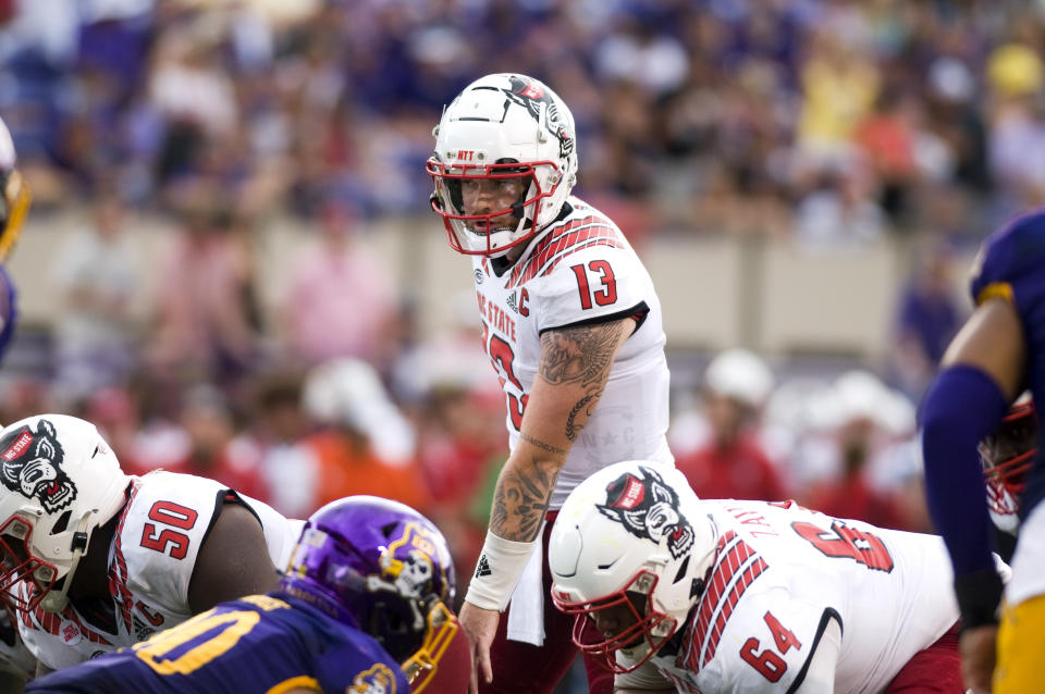 North Carolina State quarterback Devin Leary calls a play against East Carolina during an NCAA college football game Saturday, Sept. 3, 2022, in Greenville, N.C. (Scott Davis/The Daily Reflector via AP)