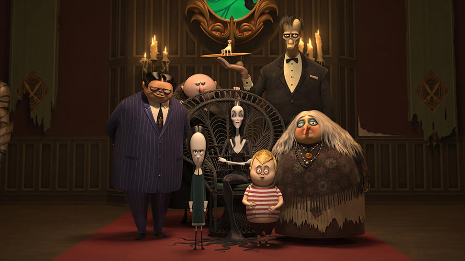 (L to R) Oscar Isaac as the voice of Gomez Addams, Chloë Grace Moretz as the voice of Wednesday Addams, Nick Kroll as the voice of Uncle Fester, Charlize Theron as the voice of Morticia Addams, Finn Wolfhard as the voice of Pugsley Addams, Conrad Vernon as the voice of Lurch, and Bette Midler as the voice of Grandma in THE ADDAMS FAMILY, directed by Conrad Vernon and Greg Tiernan, a Metro Goldwyn Mayer Pictures film.Credit: Metro Goldwyn Mayer Pictures© 2019 Metro-Goldwyn-Mayer Pictures Inc. All Rights Reserved.
