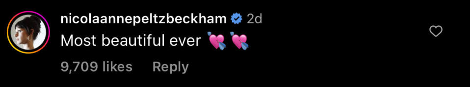 Nicola Peltz Beckham said "Most beautiful ever [two heart emojis with arrows through them]