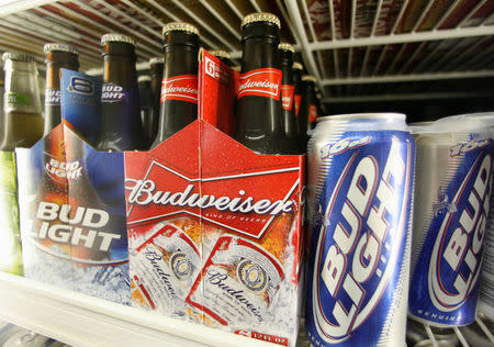 FILE PHOTO: Bud Light and Budweiser beer is shown in a cooler at the Toluca Mart liquor store in Los Angeles, California. U.S., June 16, 2008. REUTERS/Fred Prouser/File Photo