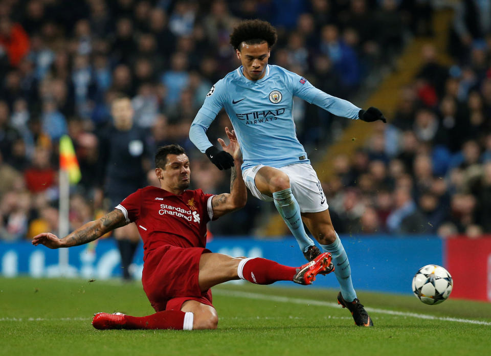 <p>Soccer Football – Champions League Quarter Final Second Leg – Manchester City vs Liverpool – Etihad Stadium, Manchester, Britain – April 10, 2018 Manchester City’s Leroy Sane in action with Liverpool’s Dejan Lovren REUTERS/Andrew Yates </p>