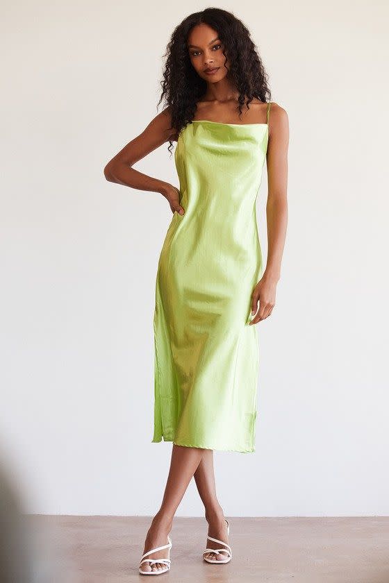 15) Living in Luxury Lime Green Satin Cowl Neck Midi Slip Dress