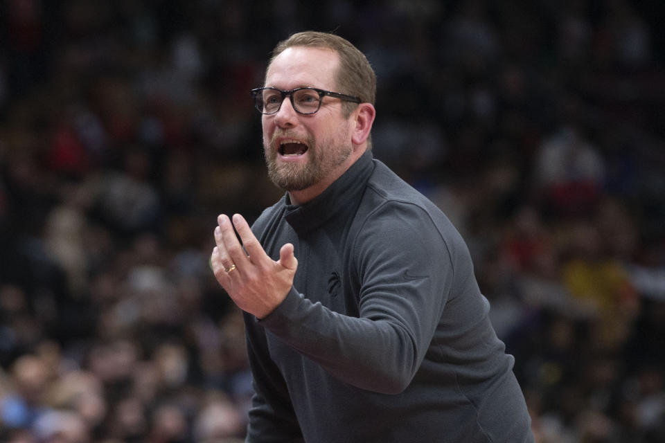 Toronto Raptors Head Coach Nick Nurse reacts during the second half of an NBA basketball game against the Boston Celtics Sunday, Nov. 28, 2021 in Toronto. (Chris Young/The Canadian Press via AP)