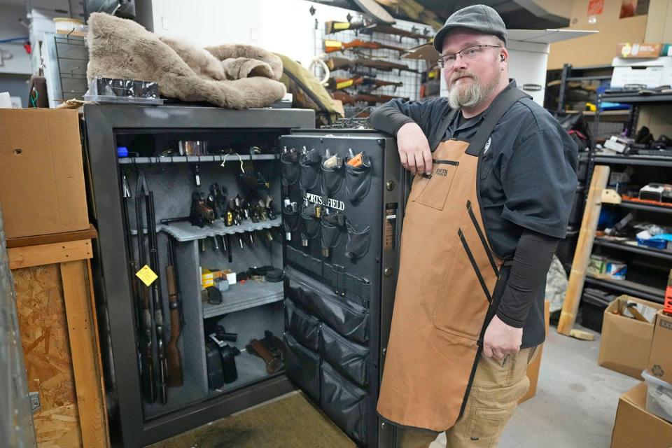 Chuck Lovelace, owner of Essential Shooting Supplies, shows the inside of his gun storage safe he uses for his gun storage program at his gun shop in Park Falls. Lovelace spearheads the “Gun Shop Project”, an effort to launched to prevent gun suicides.