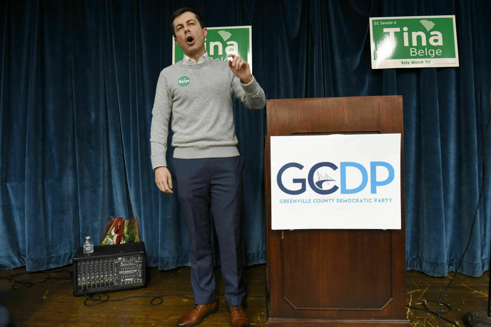 In this March 23, 2019, photo, South Bend Mayor Pete Buttigieg speaks to a crowd about his presidential run during the Democratic monthly breakfast at the Circle of Friends Community Center in Greenville, S.C. Buttigieg was the longest of long shots when he announced a presidential exploratory committee in January. But now the underdog bid is gaining momentum, and Buttigieg can feel it. (AP Photo/Richard Shiro)