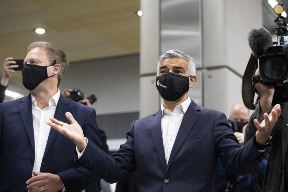 Mayor of London Sadiq Khan and Transport Secretary Grant Shapps at the newly opened Battersea Power Station London Underground station, south London (David Mirzeoff/PA) (PA Wire)