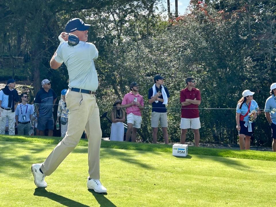 Matt Kuchar watches his drive on the 10th hole of the Sea Island Club Seaside Course during Saturday's third round of the RSM Classic.