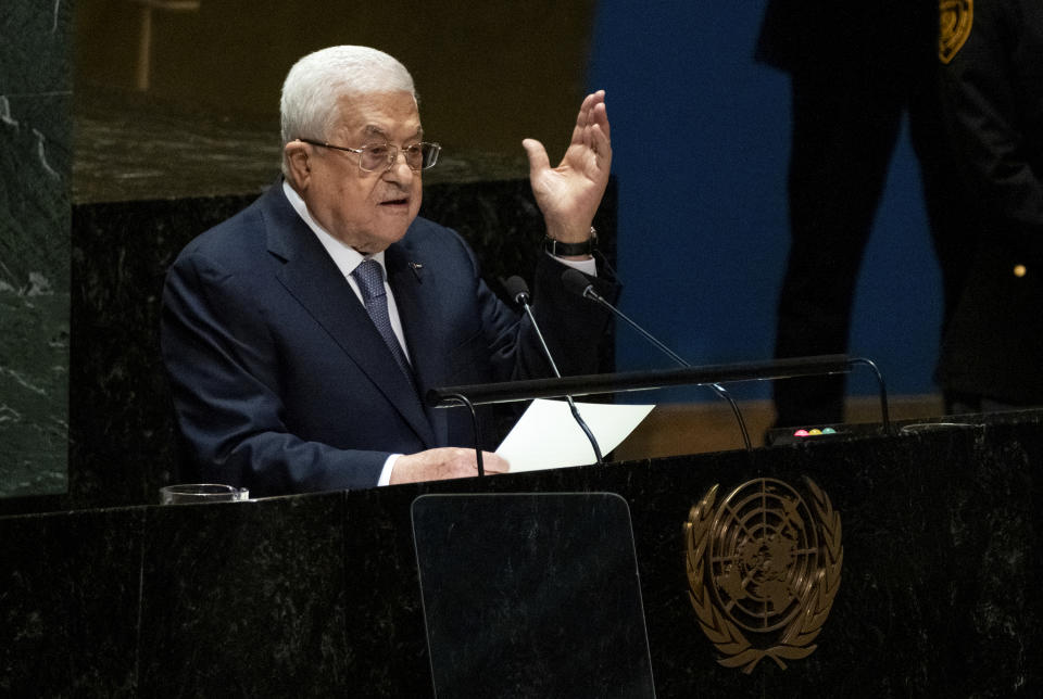 Palestinian President Mahmoud Abbas addresses the 78th session of the United Nations General Assembly, Thursday, Sept. 21, 2023. (AP Photo/Craig Ruttle)