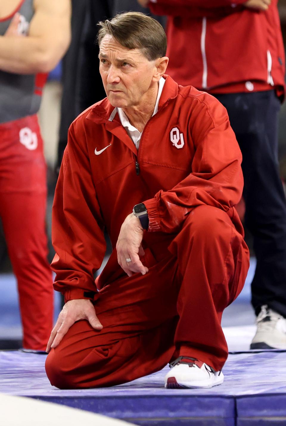 Oklahoma men's gymnastics coach Mark Williams watches the parallel bars during the University of Oklahoma Sooners men's gymnastics meet with California at the McCasland Field House in in Norman, Okla., Saturday, Feb. 10, 2024.