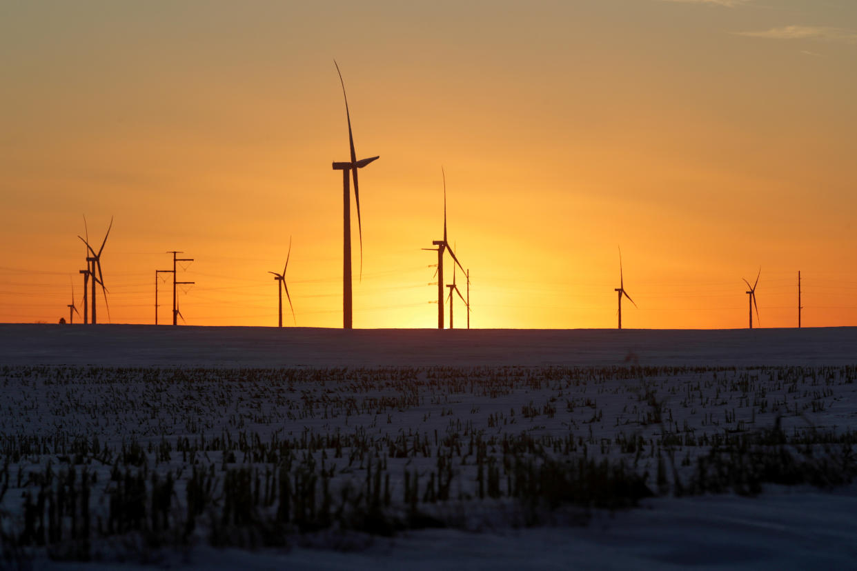 A wind farm shares space with corn fields, in Latimer, Iowa