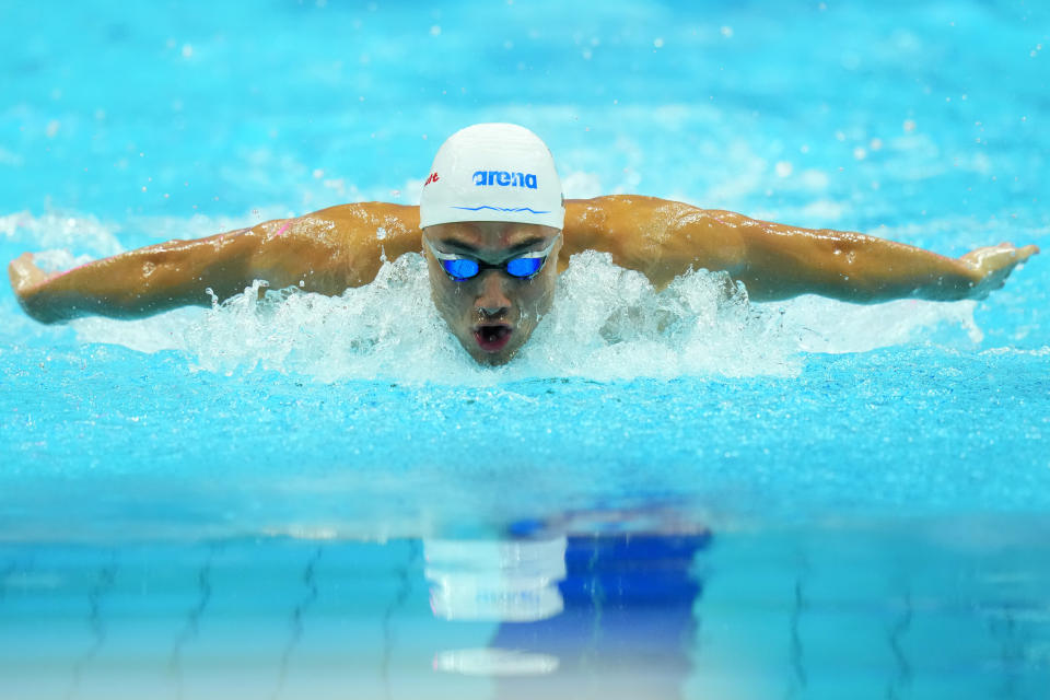 Kristof Milak of Hungary competes in his Men 200m Butterfly semifinal at the 19th FINA World Championships in Budapest, Hungary, Monday, June 20, 2022. (AP Photo/Petr David Josek)