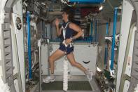 <p> NASA astronaut&#xA0;Sunita Williams&#xA0;became the first person to run a marathon in space during the Expedition 15 mission in 2007. She officially registered for the Boston Marathon and ran 26 miles in 4 miles and 26 minutes on the Combined Operational Load Bearing External Resistance Treadmill (COLBERT) in the Tranquility node of the International Space Station. </p>