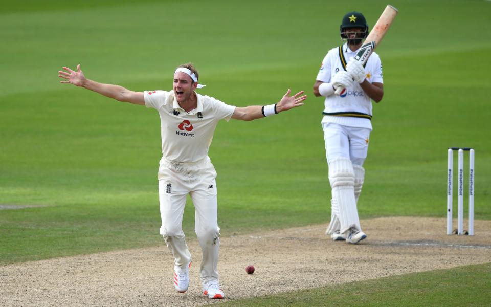 Stuart Broad of England appeals successfully for the wicket of Shan Masood of Pakistan during Day Two - GETTY IMAGES