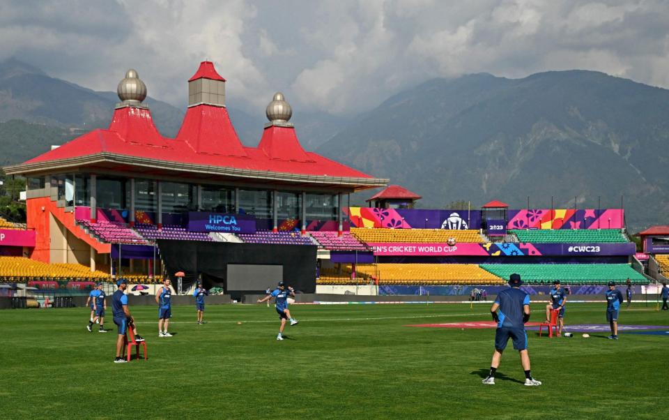 New Zealand's players attend a practice session on the eve of their 2023 ICC Men's Cricket World Cup one-day international (ODI) match against Australia at the Himachal Pradesh Cricket Association Stadium in Dharamsala on October 27, 2023.