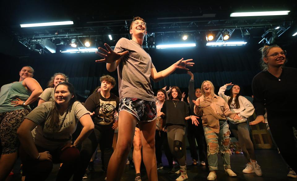 Canal Winchester senior Connor Turney as "The Minstrel" and others rehearse for the production of "Something Rotten" on April 20.  Performances will be 7 p.m. April 29-30.