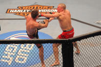 TORONTO, ON - APRIL 30: Georges St-Pierre (R) hits Jake Shields during their Welterweight Championship bout at UFC 129 in the Rogers Centre on April 30, 2011 in Toronto, Ontario. (Photo by Tom Szczerbowski/Zuffa LLC/Zuffa LLC via Getty Images)