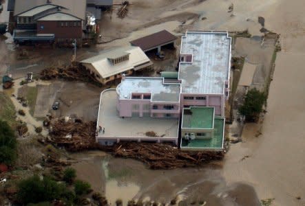 An aerial view shows a damaged home for the elderly caused by a flood triggered by Typhoon Lionrock, where local media say nine bodies were found, in Iwaizumi town,  Iwate prefecture, Japan, in this photo taken by Kyodo August 31, 2016. Mandatory credit Kyodo/via REUTERS