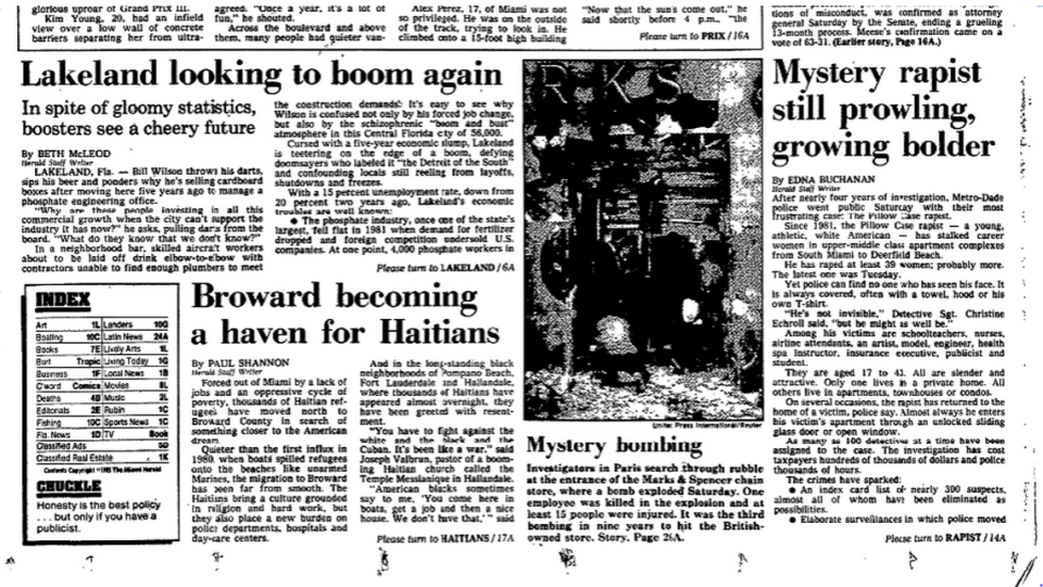 Archive photo of the Miami Herald front page on Feb. 24, 1985.