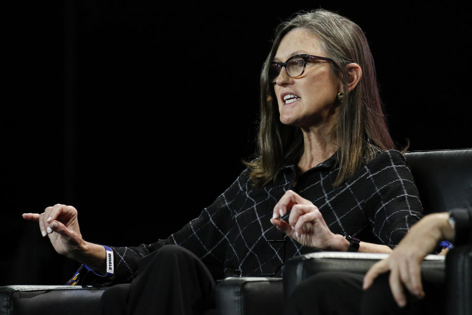 MIAMI, FLORIDA - APRIL 7: Cathie Wood, chief executive officer and chief investment officer, Ark Invest, gestures as she speaks during the Bitcoin 2022 Conference at Miami Beach Convention Center on April 7, 2022 in Miami, Florida. The world's largest bitcoin conference runs from April 6-9, expecting over 30,000 people in attendance and over 7 million live stream viewers worldwide.(Photo by Marco Bello/Getty Images)