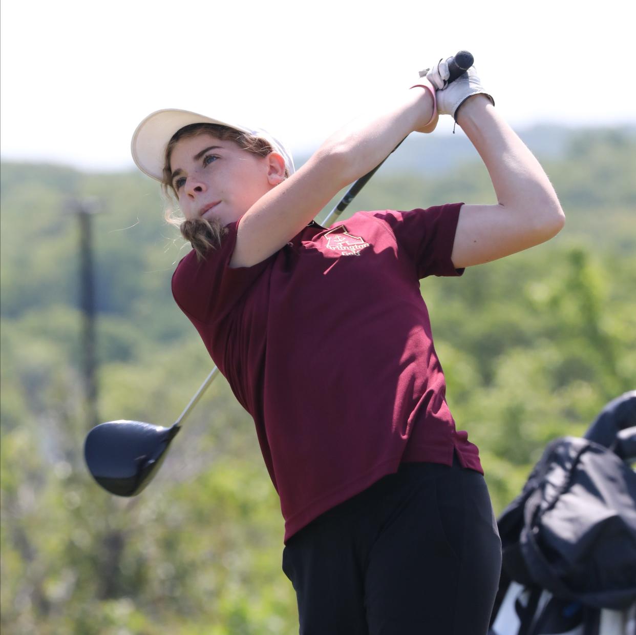 Caelyn Deserre from Arlington competes during the first round of the Section One girls golf tournament at The Links at Union Vale in Lagrangeville, May 18, 2023. 