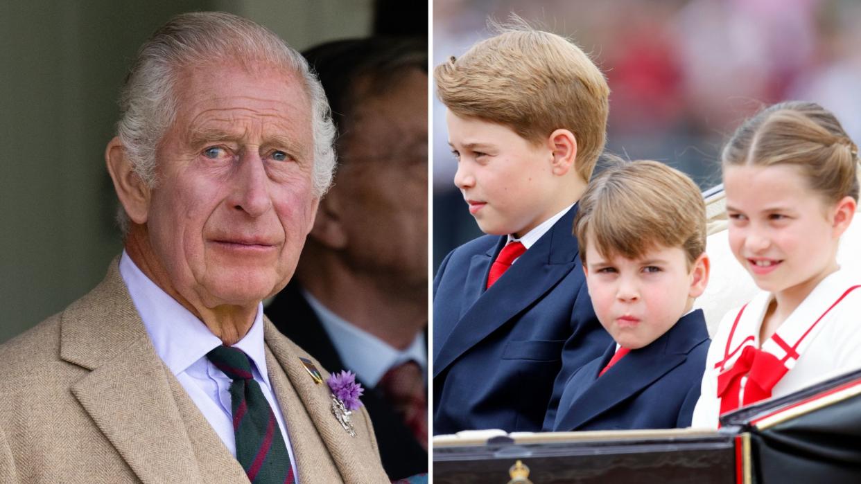  King Charles might never be called this again. Seen here are King Charles and Prince George, Charlotte and Louis on different occasions 