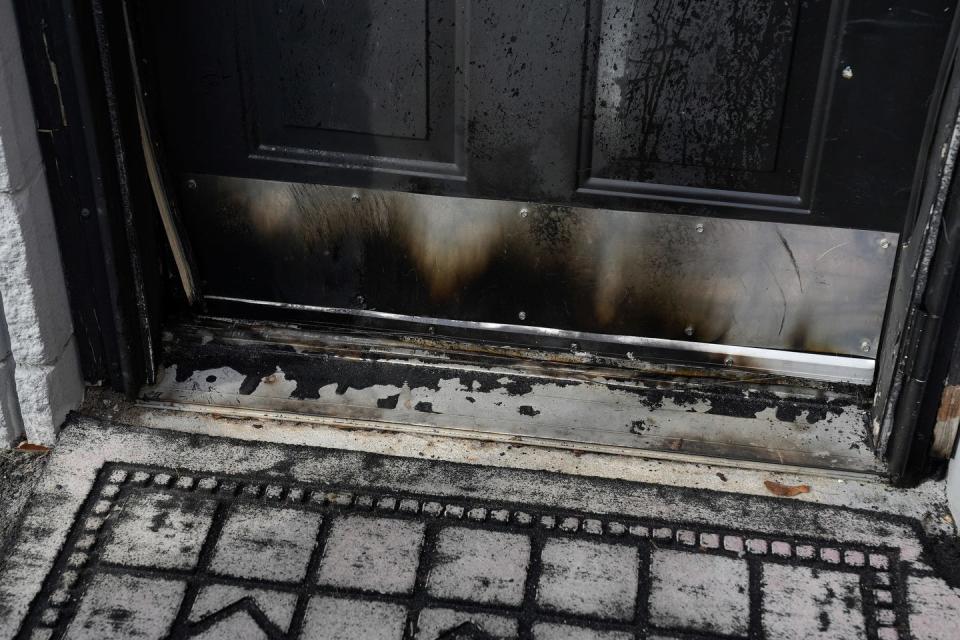 Fire damage done to one of the doorways of the Shiloh Gospel Temple on Charles Street in North Providence.