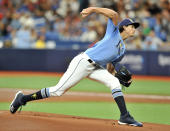 Tampa Bay Rays starter Tyler Glasnow pitches against the Boston Red Sox during the first inning of a baseball game Sunday, April 21, 2019, in St. Petersburg, Fla. (AP Photo/Steve Nesius)