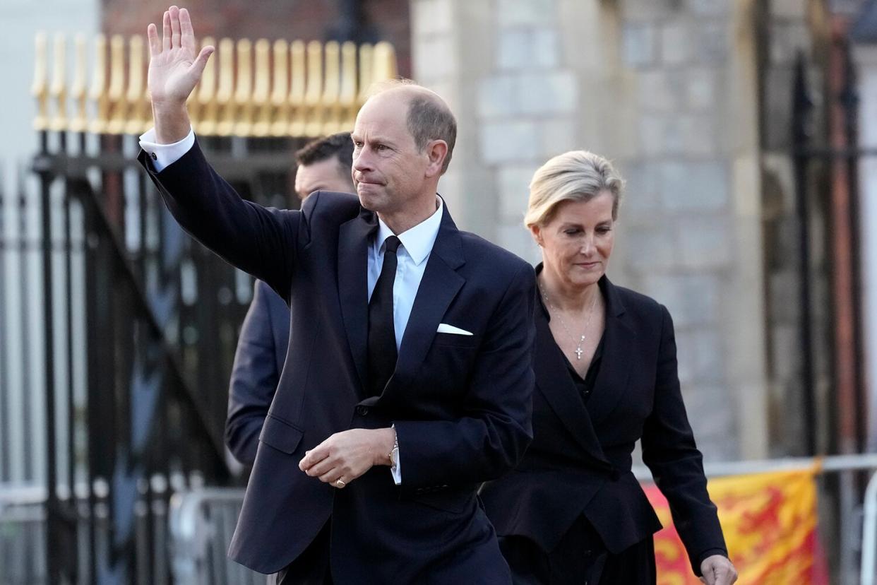 Prince Edward, Earl of Wessex and Sophie, Countess of Wessex greet members of the public at Windsor Castle on September 16, 2022 in Windsor, United Kingdom.