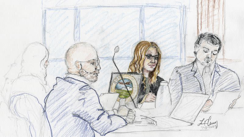 This courtroom sketch, from left, depicts Madison County prosecutor Rob Wood, Lori Vallow Daybell and defense attorney Jim Archibald during opening statements of Vallow Daybell’s murder trial in Boise, Idaho, Monday, April 10, 2023. Prosecutors have charged Vallow Daybell and her husband, Chad Daybell, with multiple counts of conspiracy, murder and grand theft in connection with the deaths of Vallow Daybell’s two children: Joshua “JJ” Vallow and Tylee Ryan. Both are also charged in connection with the death of Chad Daybell’s previous wife, Tammy Daybell.