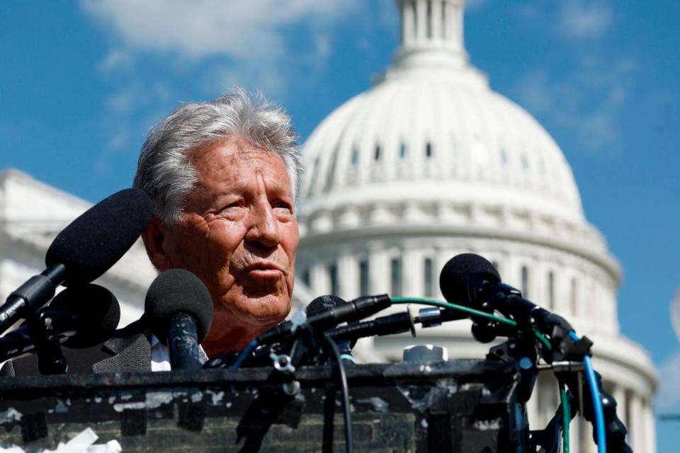 PHOTO: Former race car driver Mario Andretti Speaks during a news conference, May 1, 2024, in Washington. (Anna Moneymaker/Getty Images)